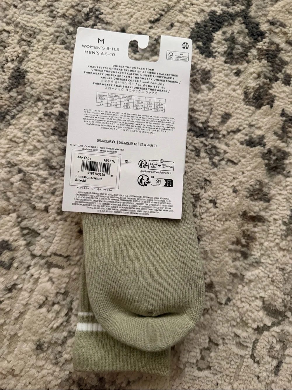 ALO Yoga Olive Green Crew Socks with White Logo & Stripes